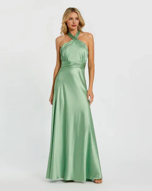 Robe Weitese élégante en satin vert menthe, dos nu croisé, avec taille froncée, robe de bal au charme rayonnant